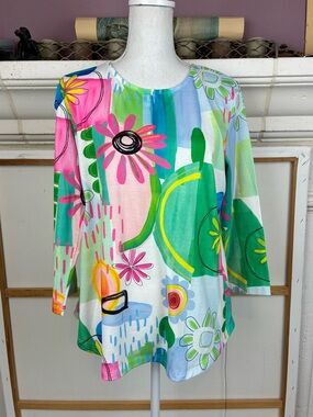 Jess & Jane NWOT SUNNY Floral Abstract Long-Sleeve Top made in USA